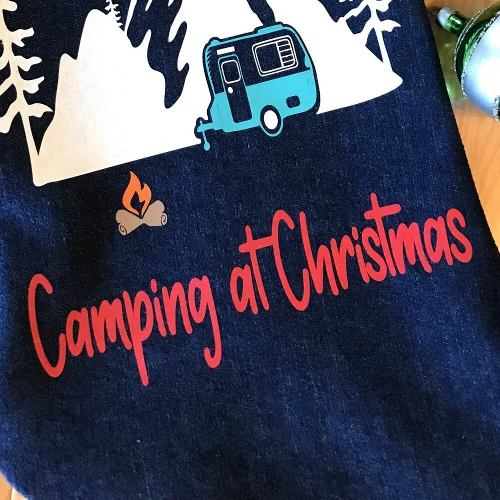 Recycled Denim Christmas Stocking, Mountains Cabin Decor Camping Fishing M-L